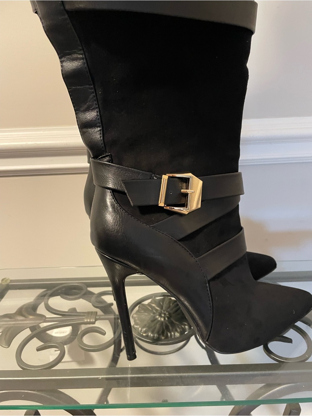 JustFab OTK Black Leather & Suede Stiletto Boot with Gold Buckle 12